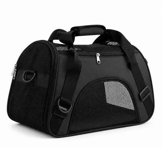 Sac de transport souple pour chat noir, panneaux en maille et poignées rembourrées