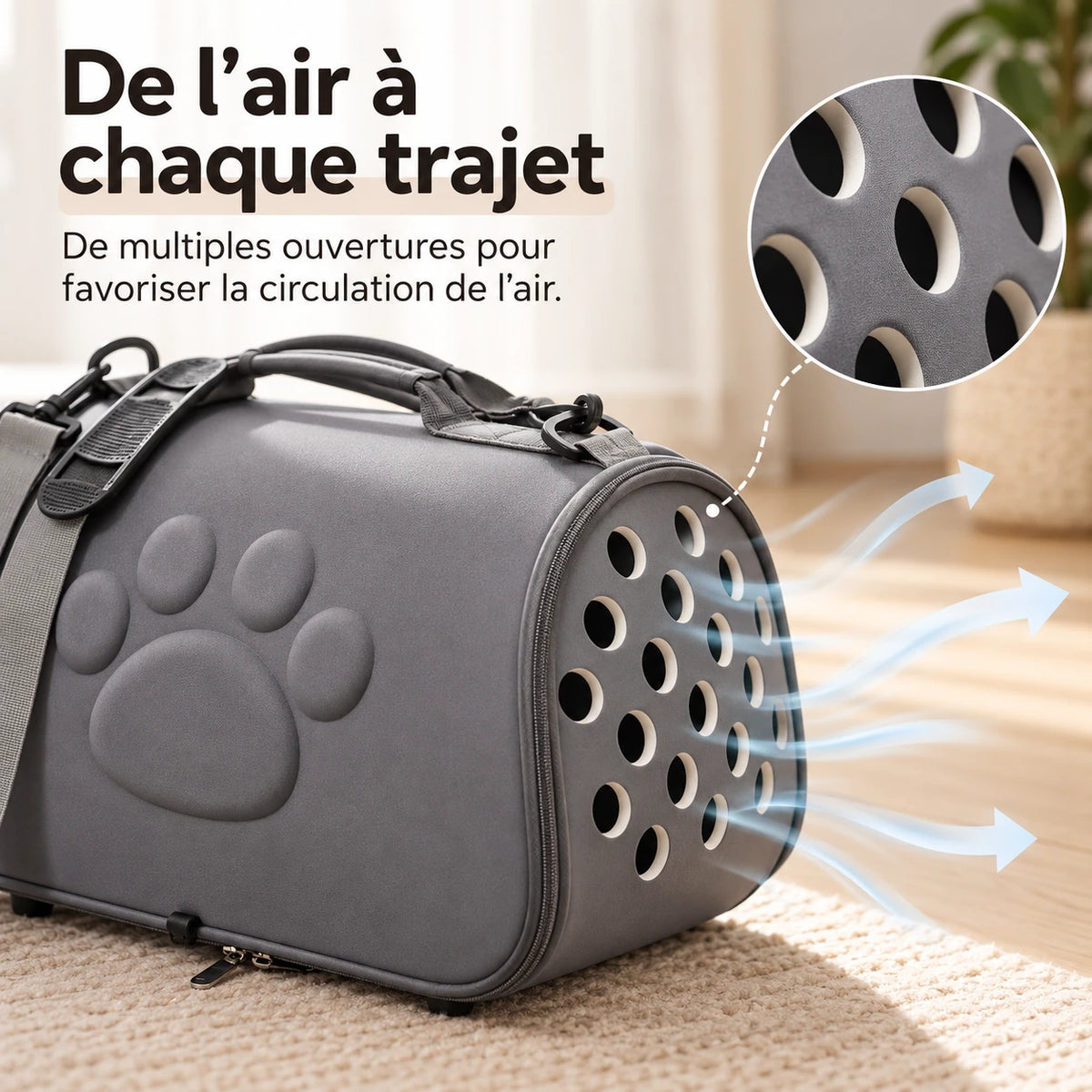 Gros plan sur les ouvertures rondes percées dans la coque du sac de transport