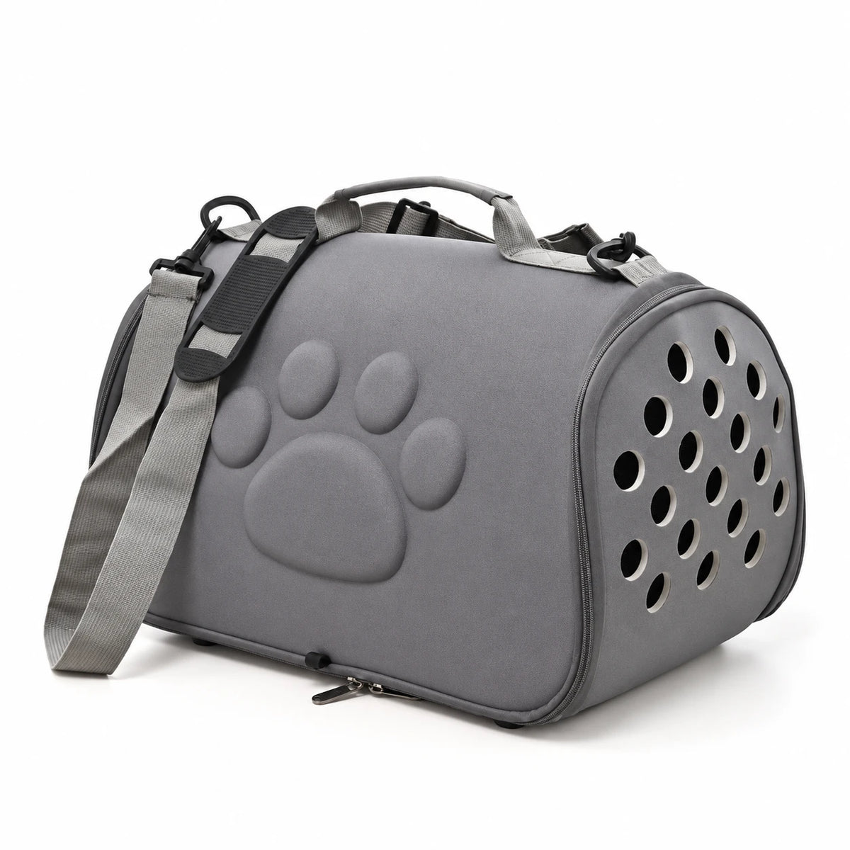 Sac de transport semi-rigide pour chat gris, empreinte de patte en relief et aérations rondes