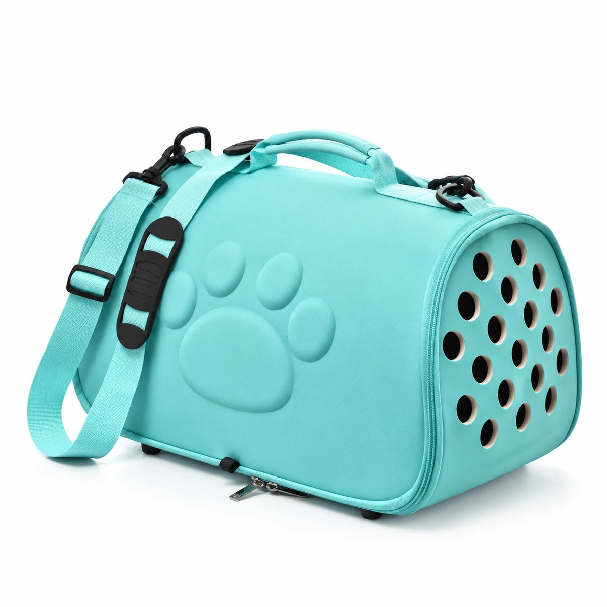 Sac de transport semi-rigide pour chat turquoise, coque moulée et fermeture à glissière